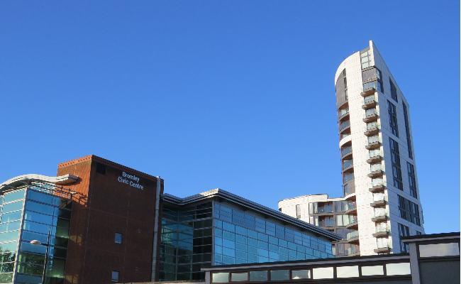 Homes and apartment building by Bromley civic centre