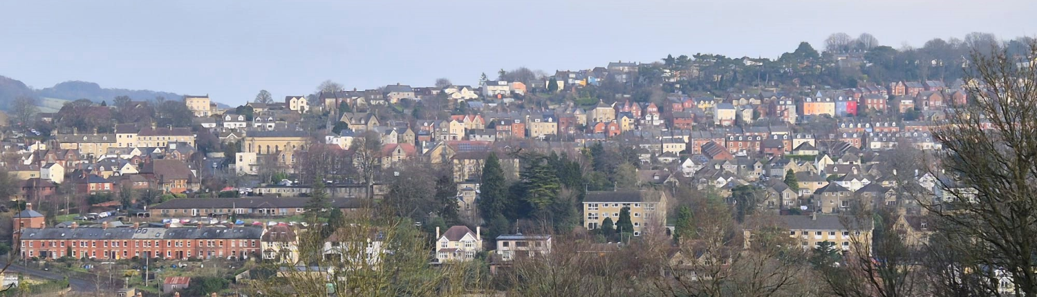 View of houses on the hillside in Stroud